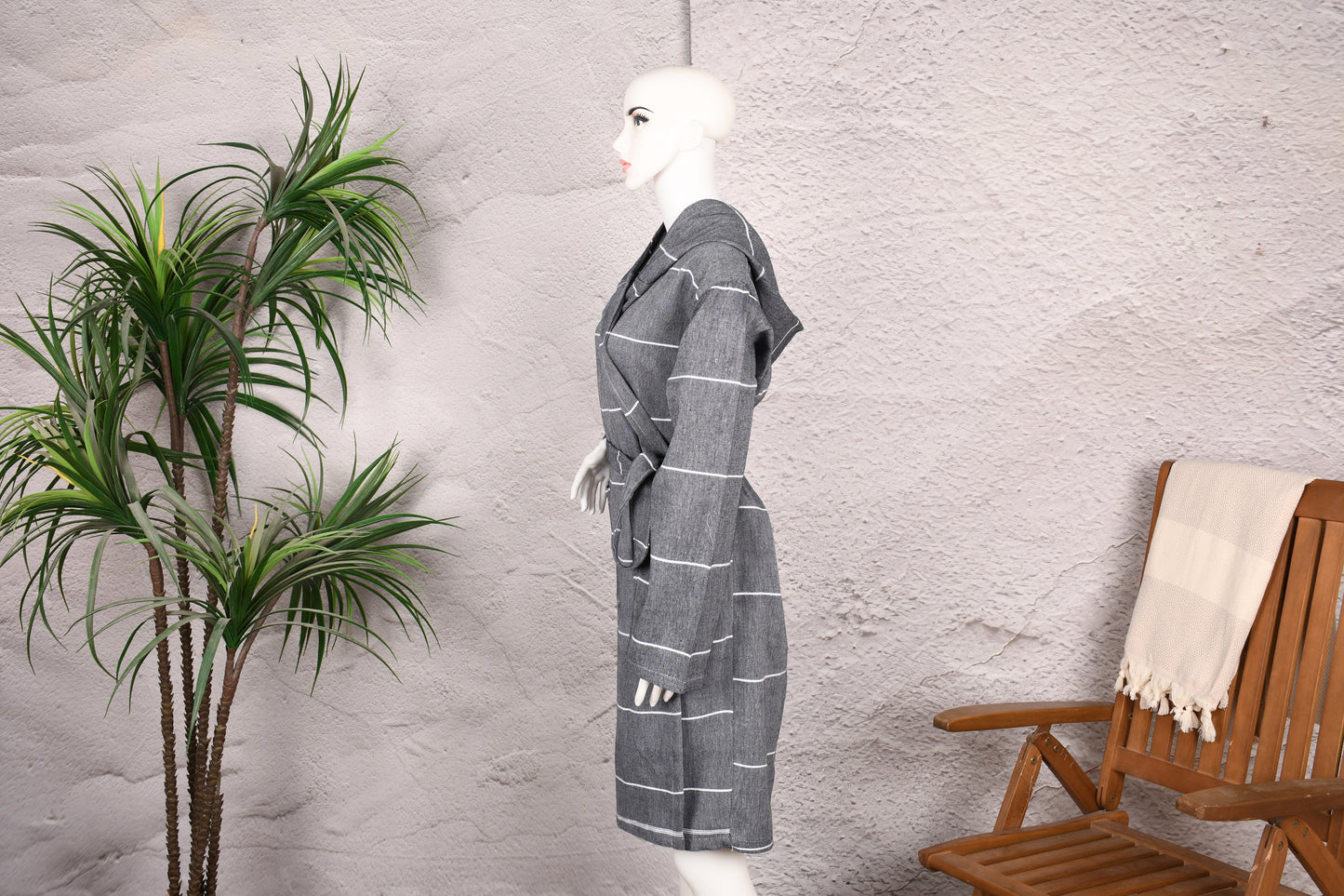 Charcoal Stripe Hooded Turkish Towel Robe for Women