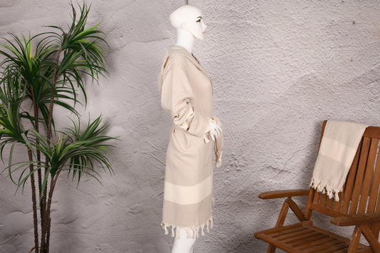 Bademantel für Damen aus Frottee mit Kapuze, Natur-Creme und Diamantmuster, aus türkischer Baumwolle