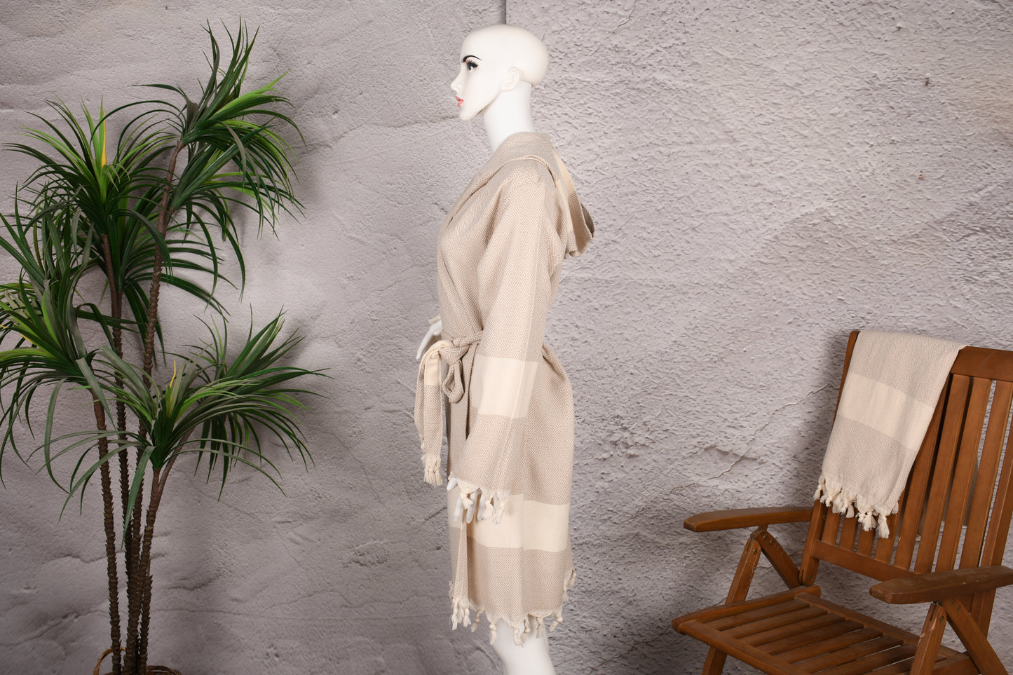 Natural Cream Diamond Hooded Turkish Towel Robe for Women