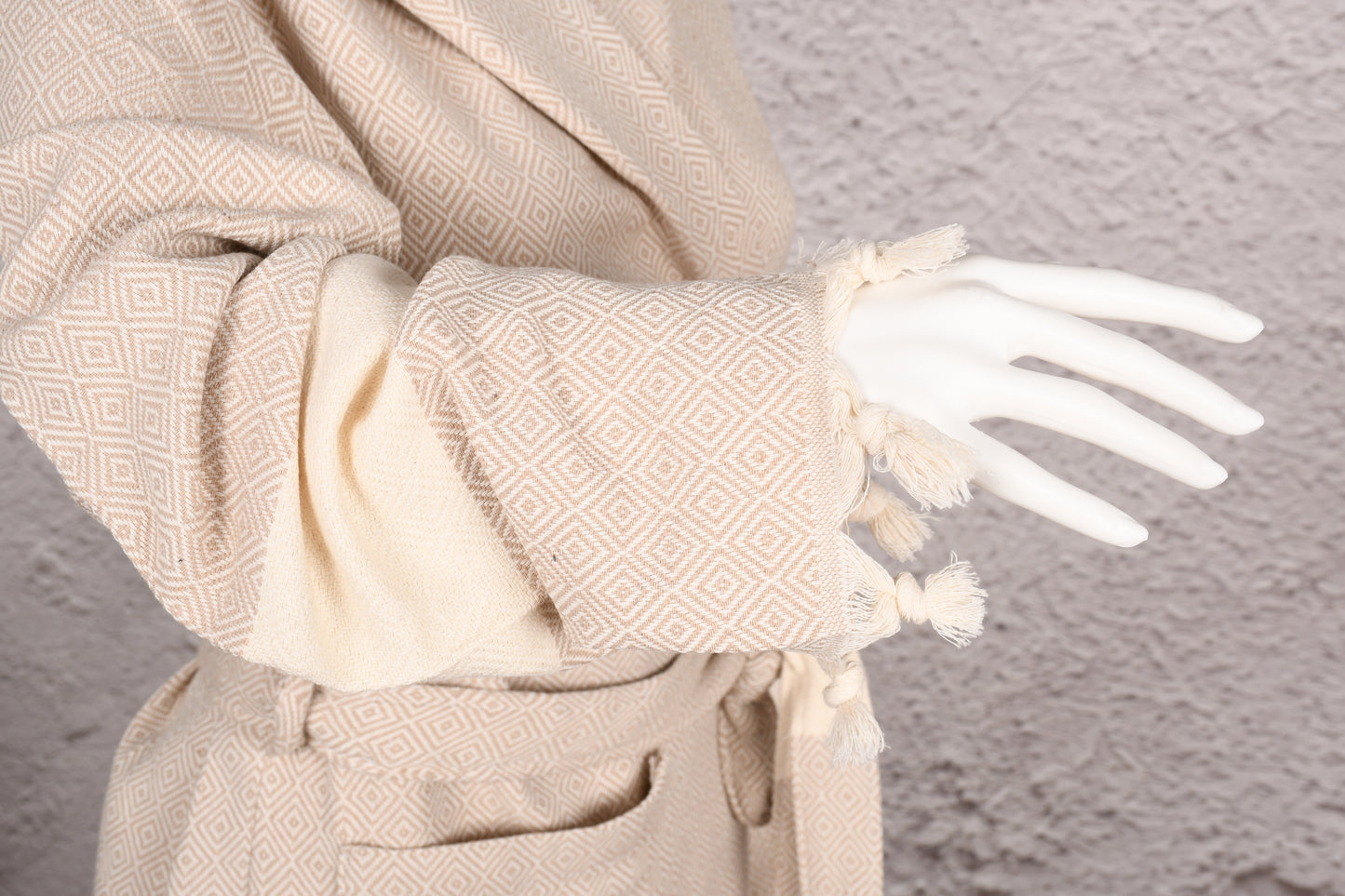 Natural Cream Diamond Hooded Turkish Towel Robe for Women