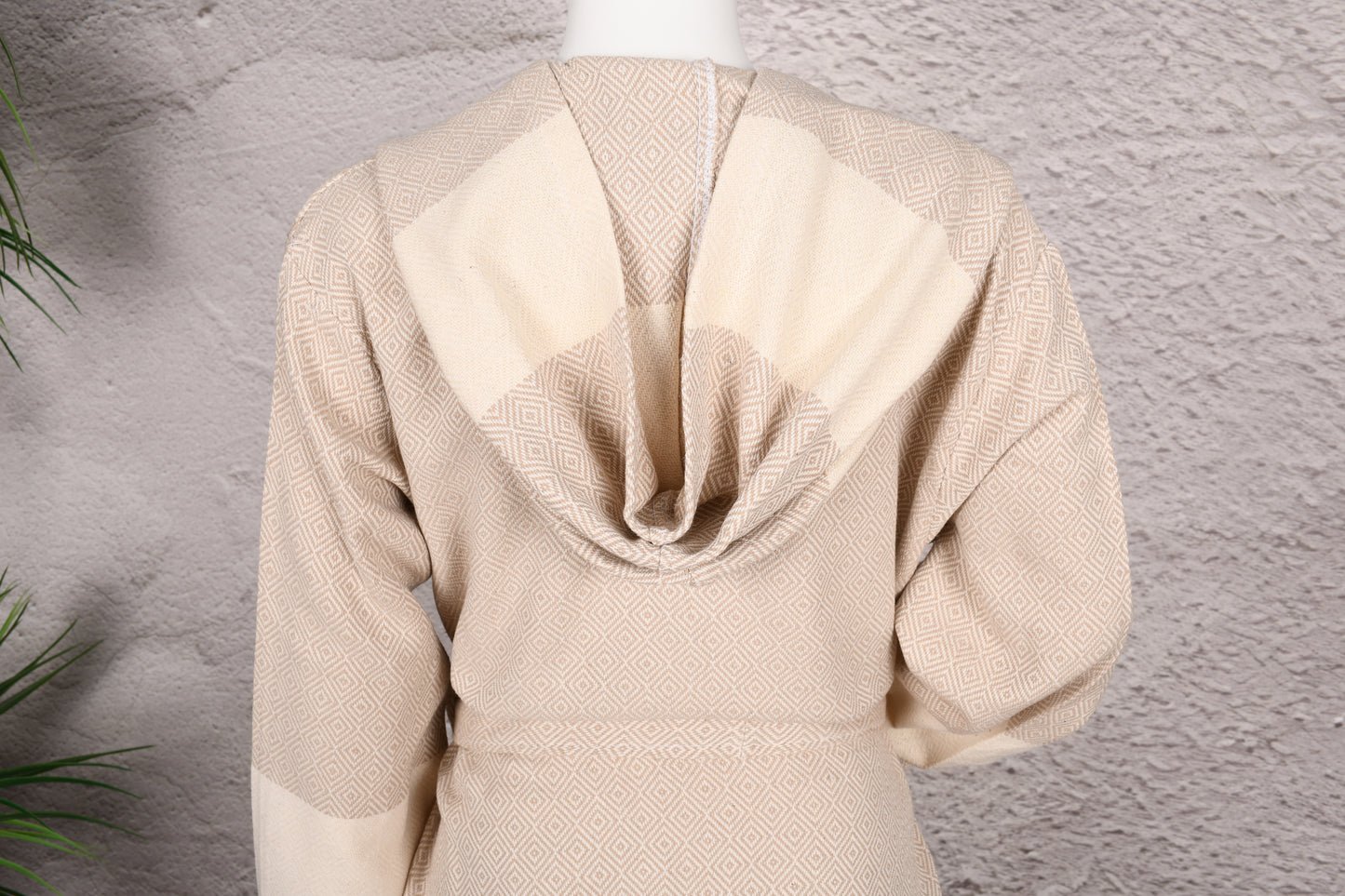 Natural Cream Diamond Hooded Turkish Towel Robe for Women
