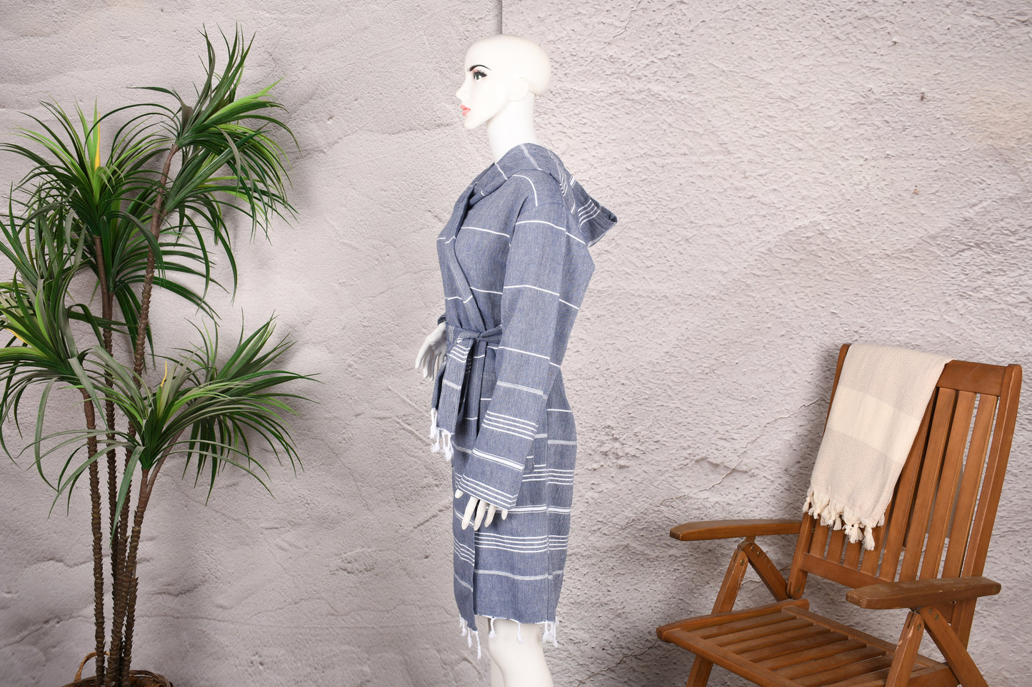 Blue Stripe Hooded Turkish Towel Robe for Women