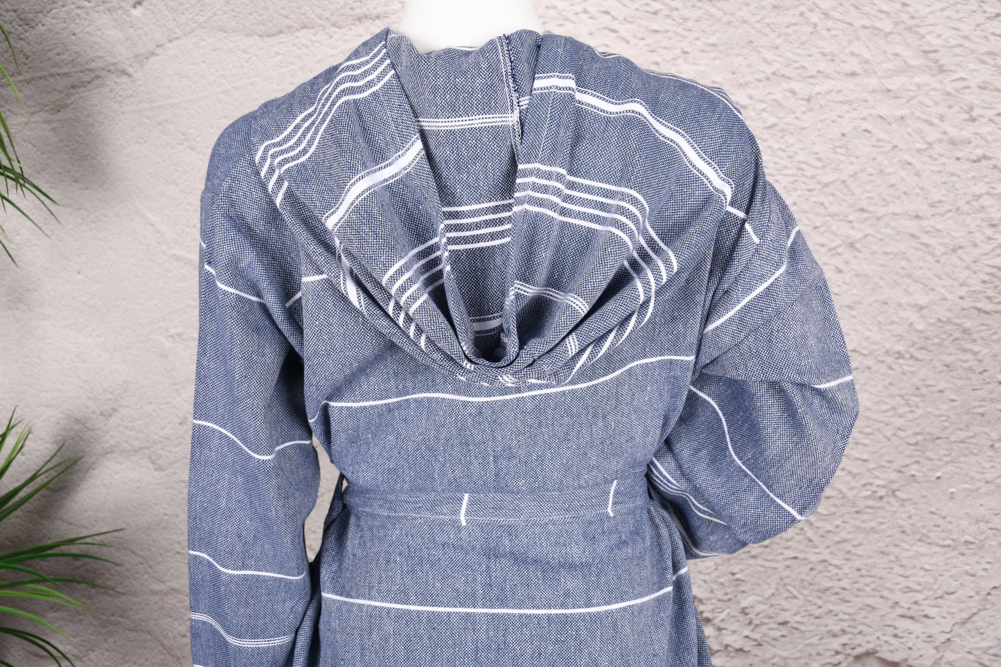 Blue Stripe Hooded Turkish Towel Robe for Women