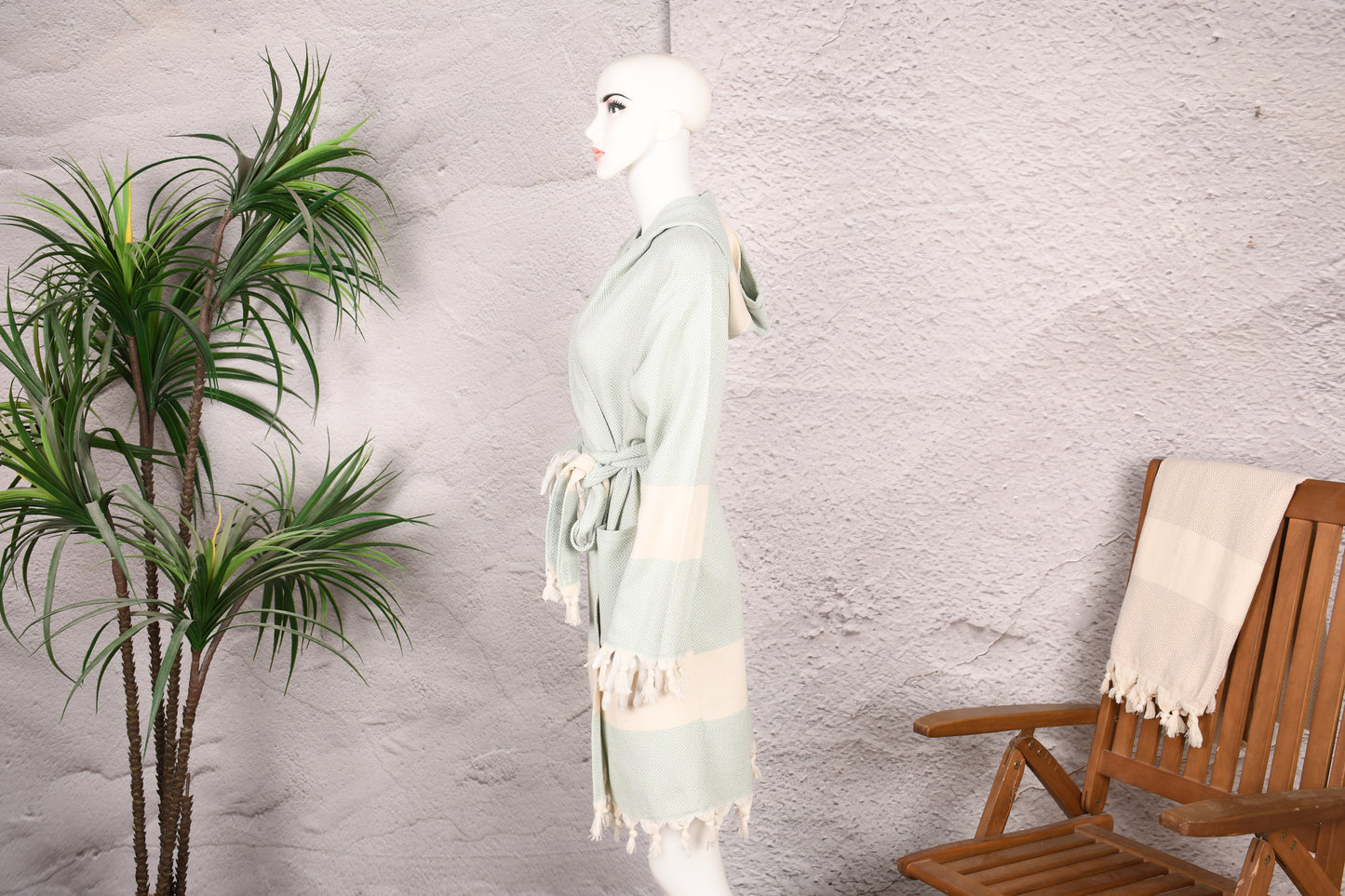Soft Mint Diamond Hooded Turkish Towel Robe for Women
