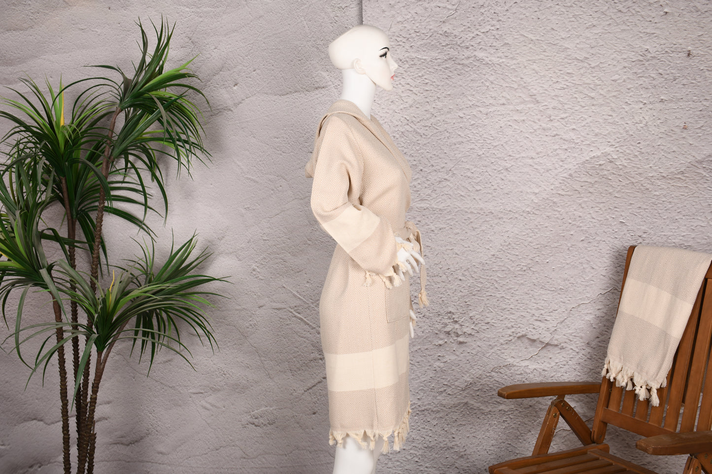 Natural Beige Hooded Turkish Towel Robe for Women