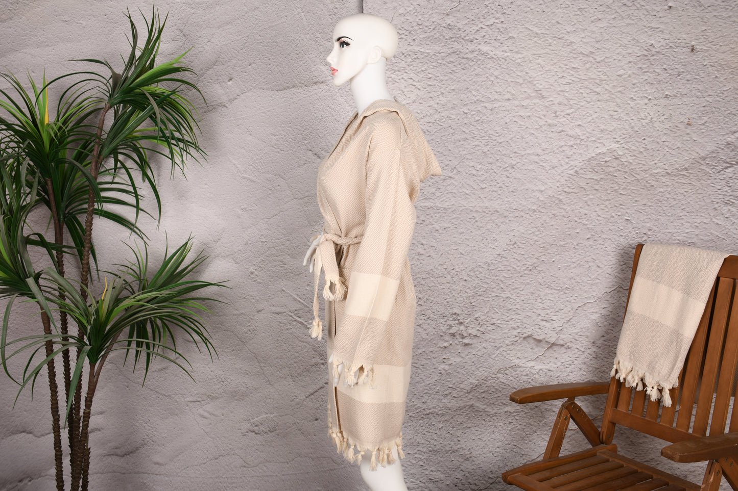 Natural Beige Hooded Turkish Towel Robe for Women