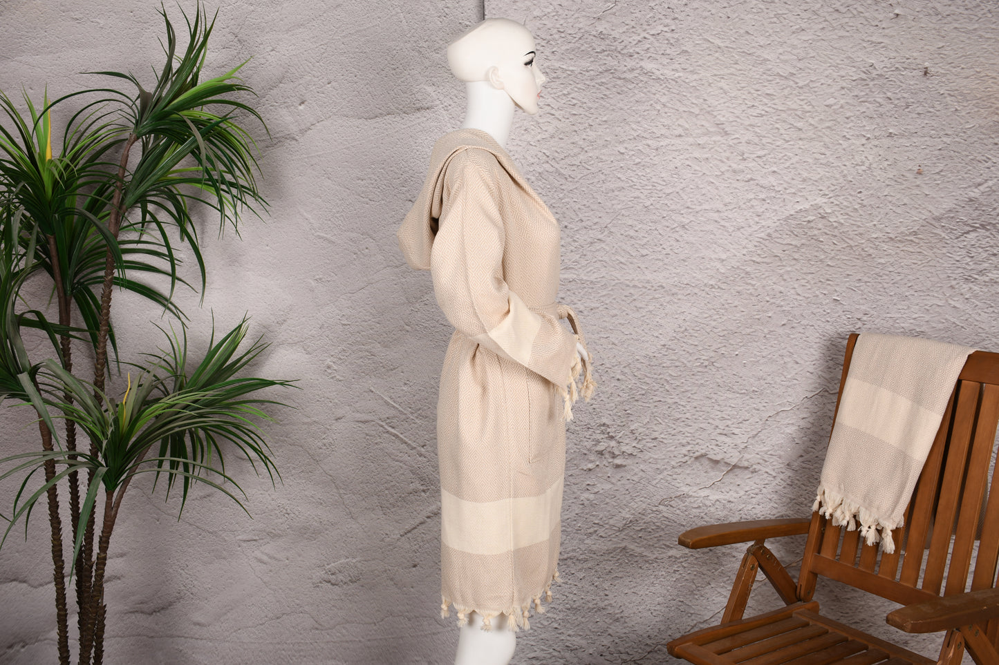 Sand Beige Diamond Hooded Turkish Towel Robe for Women