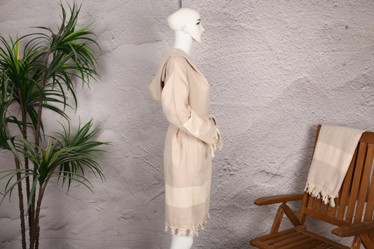 Sandbeige Diamant-Kapuzenbademantel aus türkischem Frottee für Damen