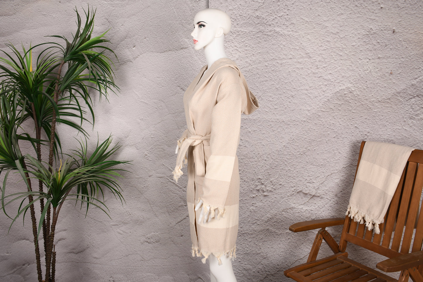 Sand Beige Diamond Hooded Turkish Towel Robe for Women