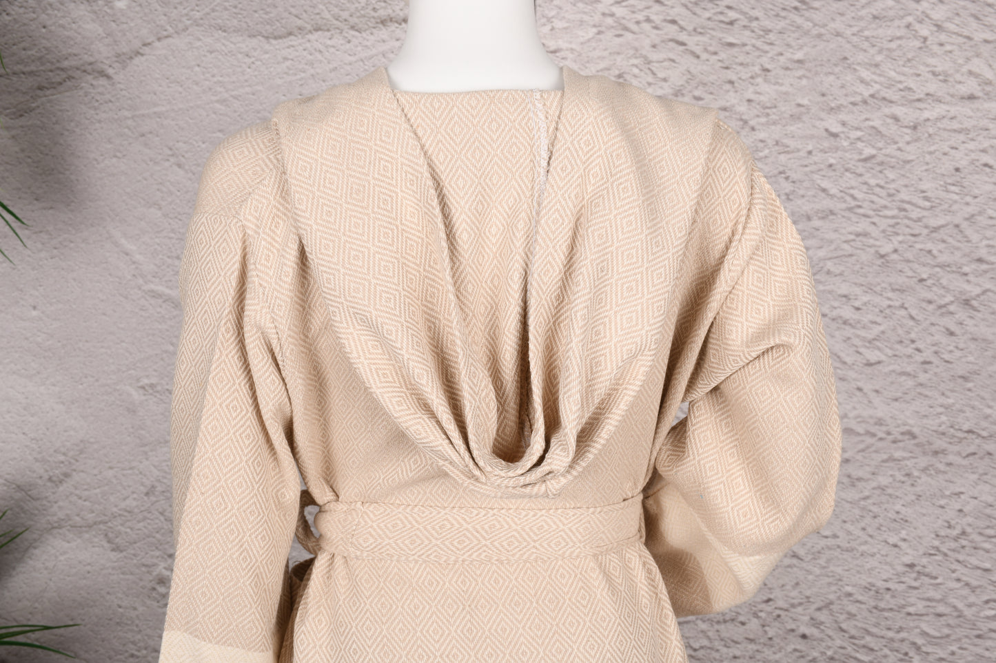 Sand Beige Diamond Hooded Turkish Towel Robe for Women