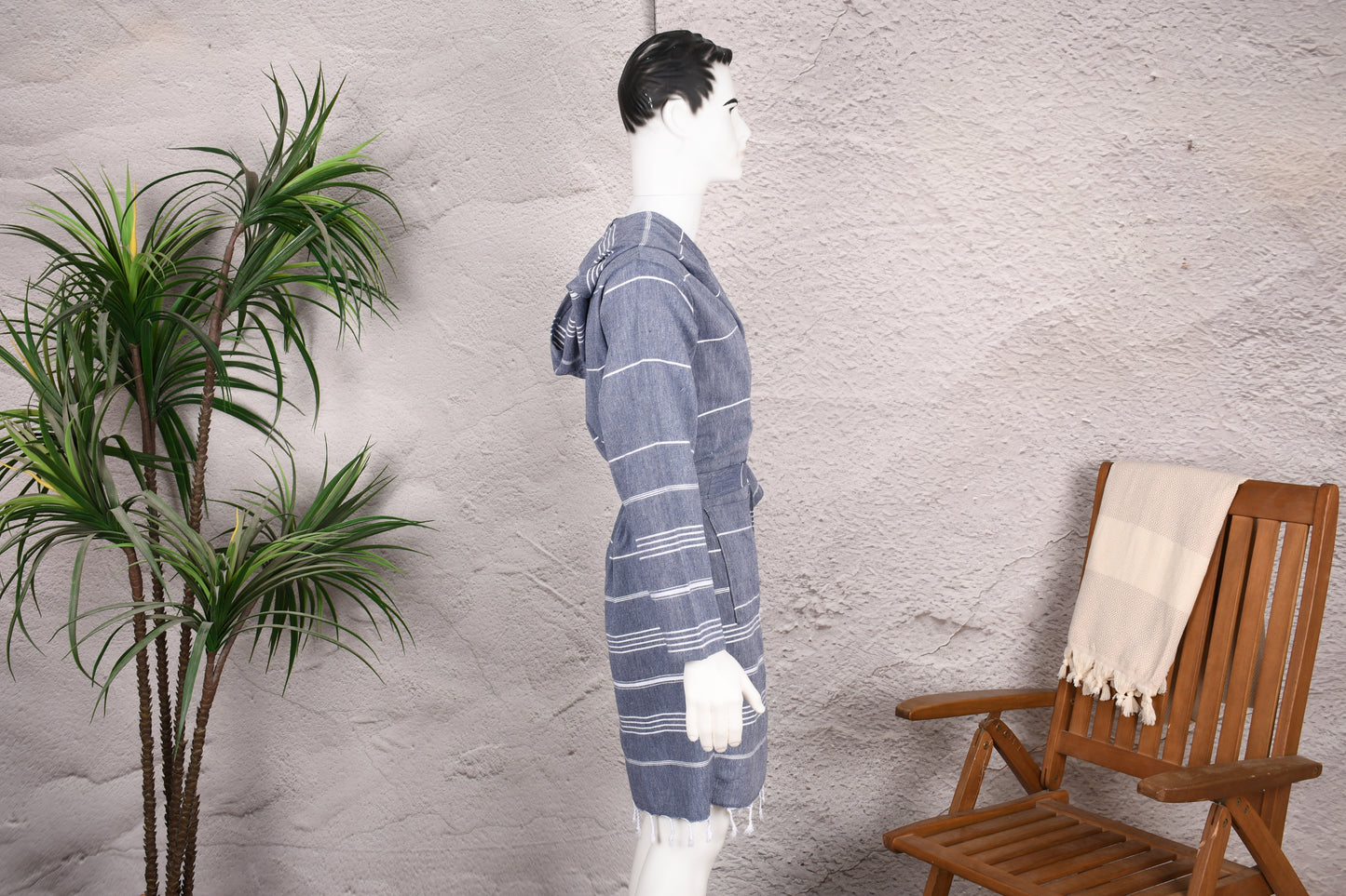 Steel Blue Stripe Hooded Turkish Towel Robe for Men