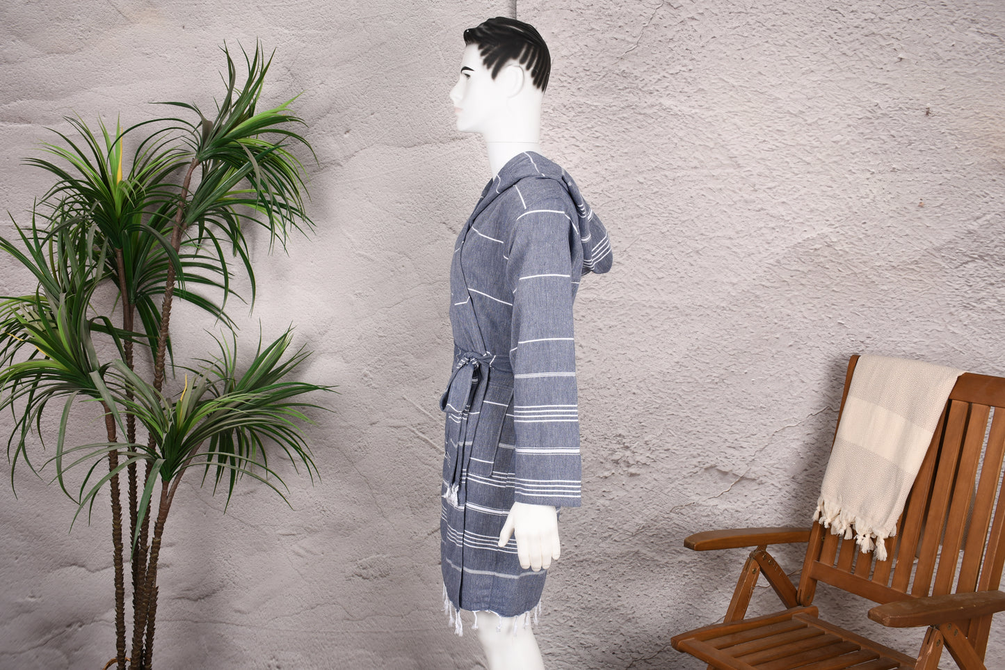Steel Blue Stripe Hooded Turkish Towel Robe for Men