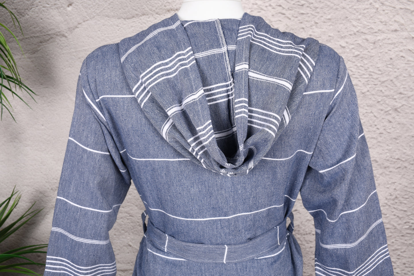 Steel Blue Stripe Hooded Turkish Towel Robe for Men
