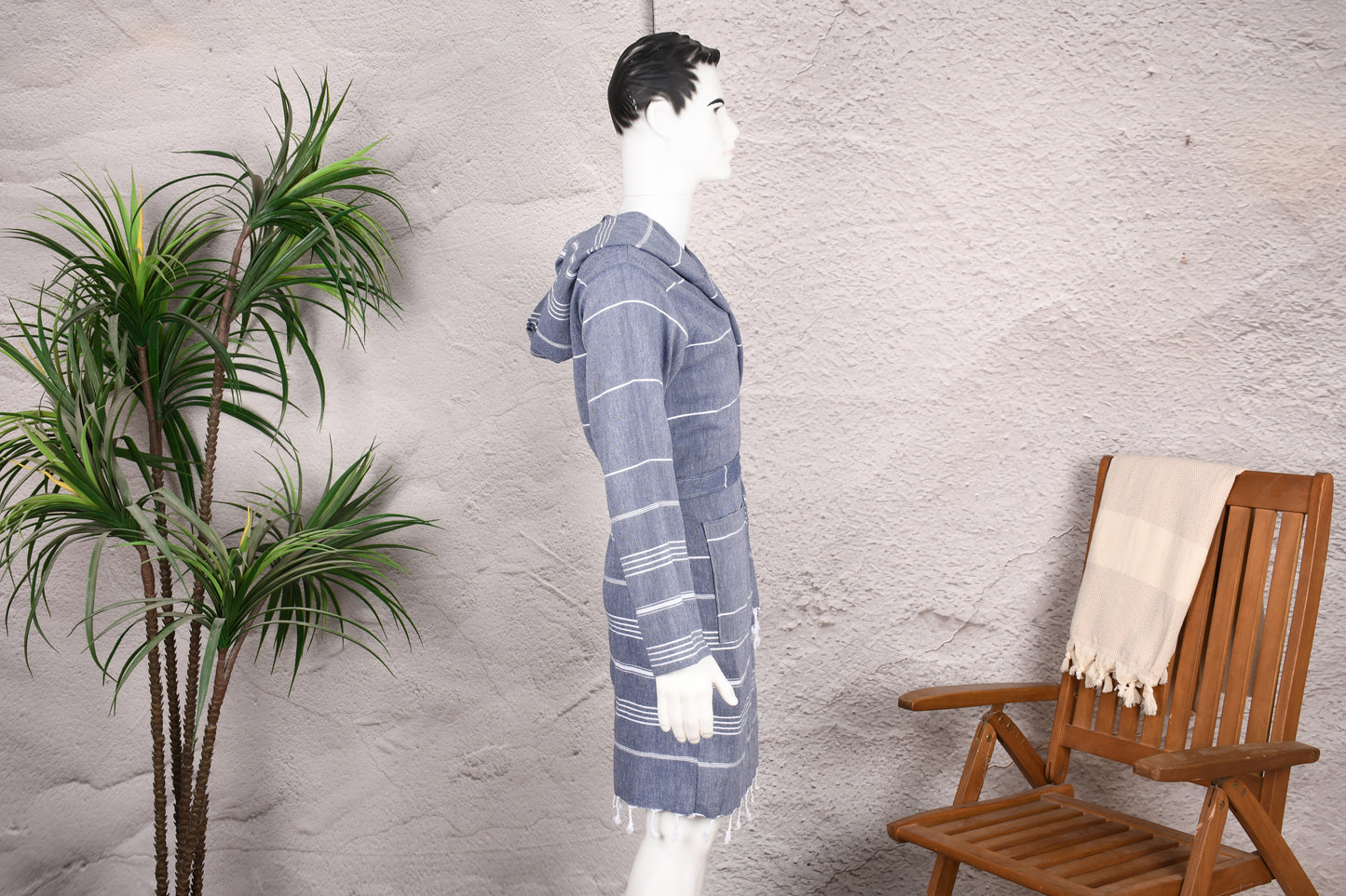 Denim Blue Stripe Hooded Turkish Towel Robe for Men