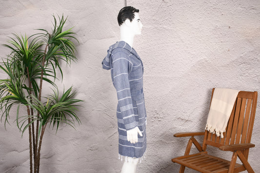Denim Blue gestreifter Kapuzen-Bademantel für Herren aus türkischem Handtuchstoff
