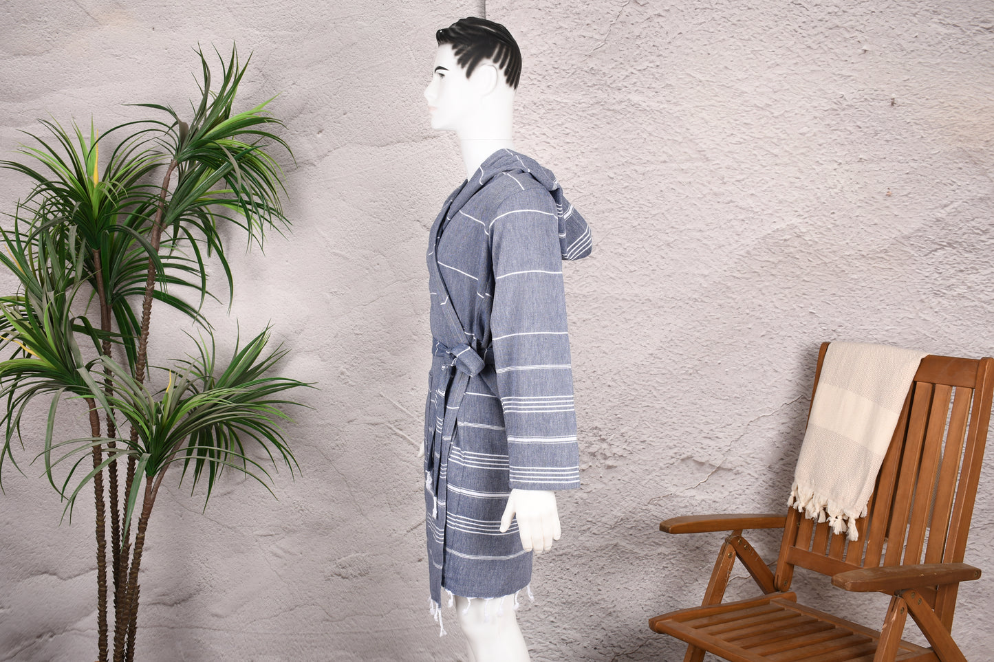 Denim Blue Stripe Hooded Turkish Towel Robe for Men