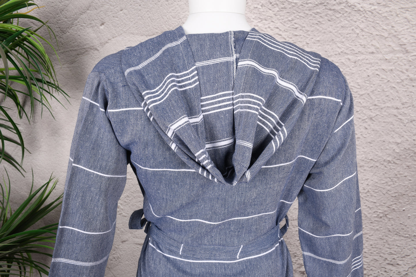 Denim Blue Stripe Hooded Turkish Towel Robe for Men