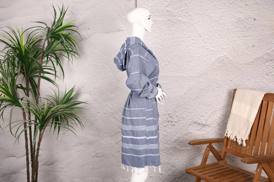Damen Bademantel aus türkischem Handtuchstoff, Denim-Blau gestreift mit Kapuze