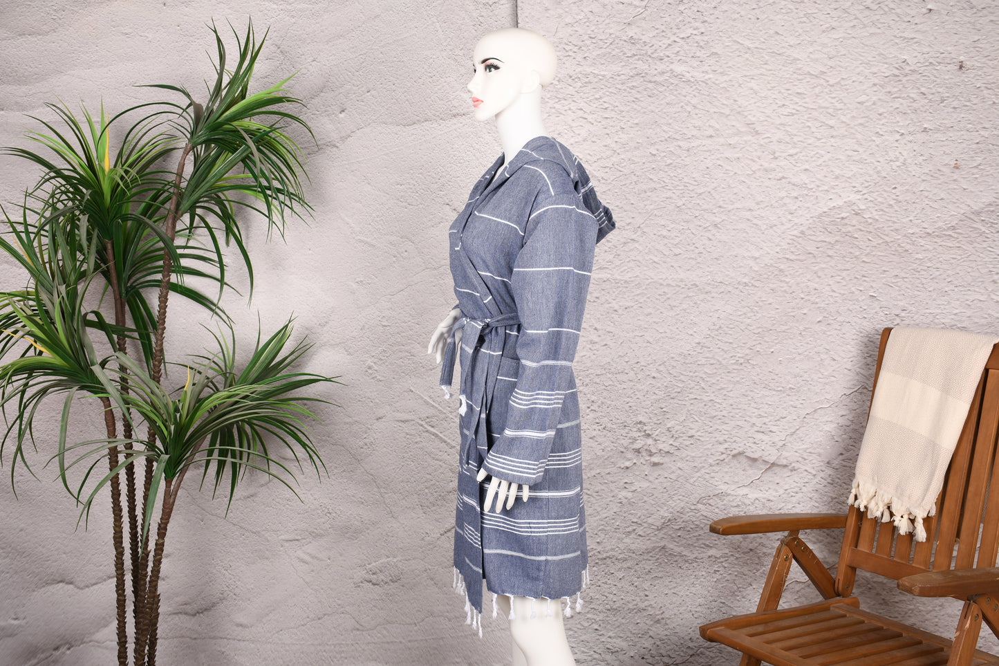 Denim Blue Stripe Hooded Turkish Towel Robe for Women