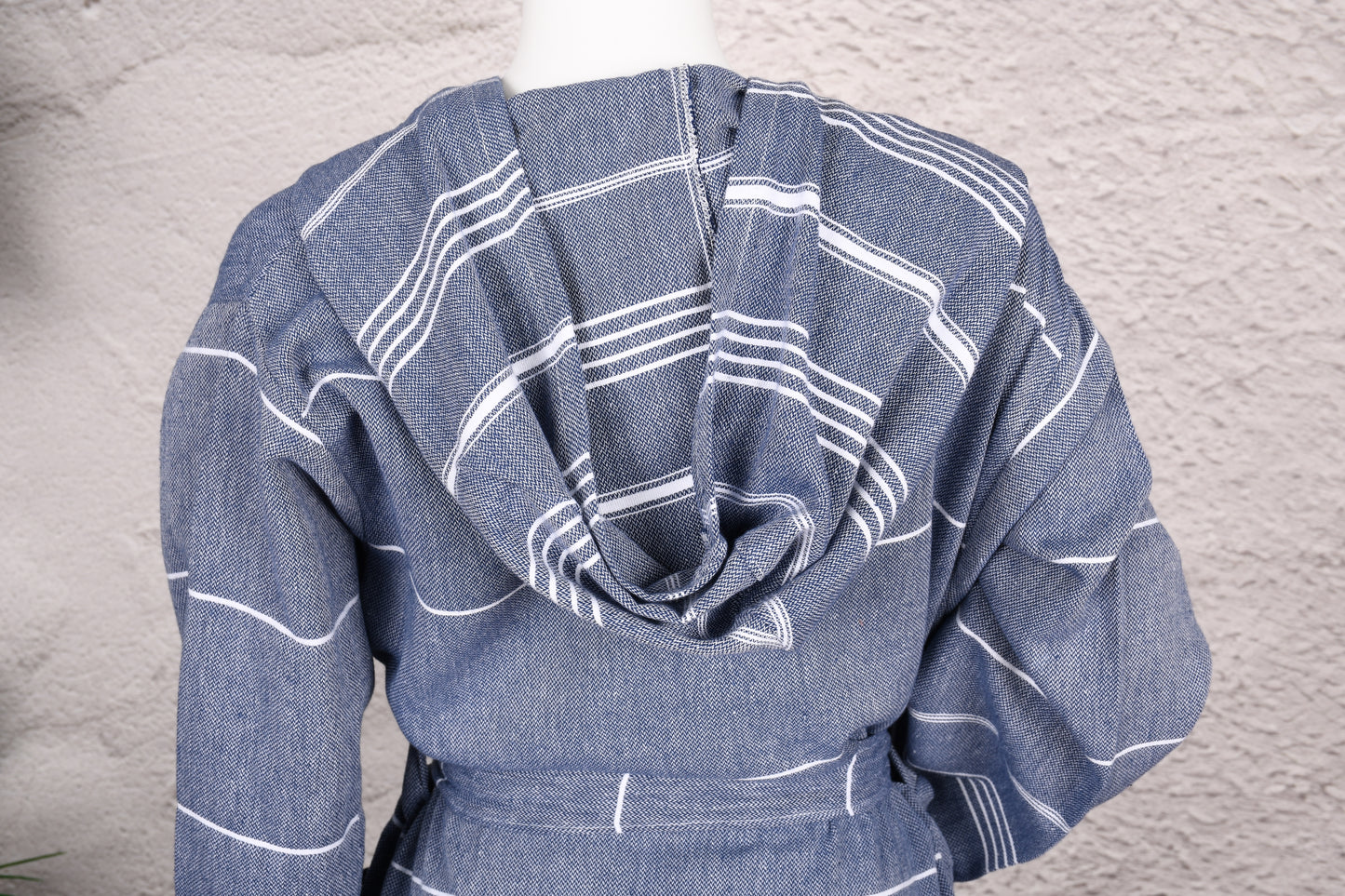 Denim Blue Stripe Hooded Turkish Towel Robe for Women