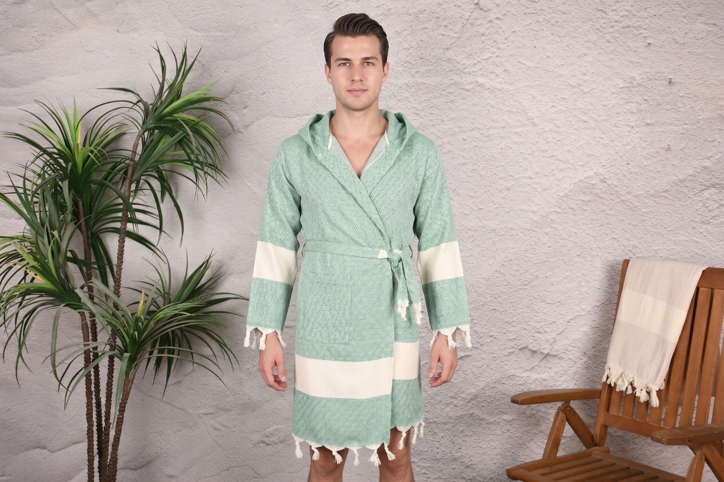 Mint Green Diamond Hooded Turkish Towel Robe for Men