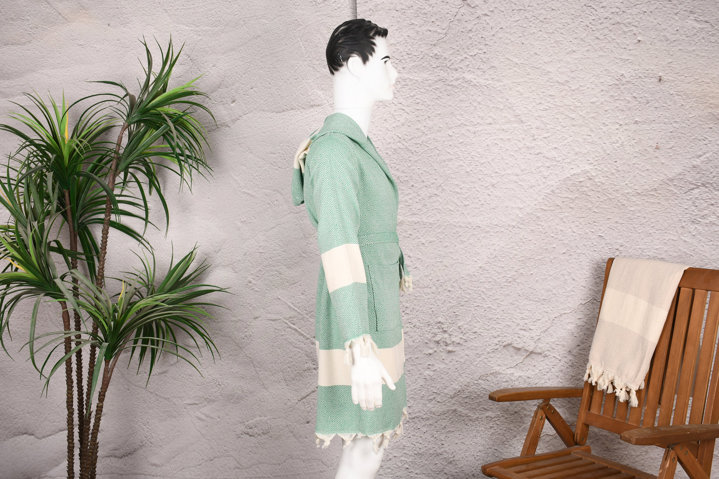 Mint Green Diamond Hooded Turkish Towel Robe for Men
