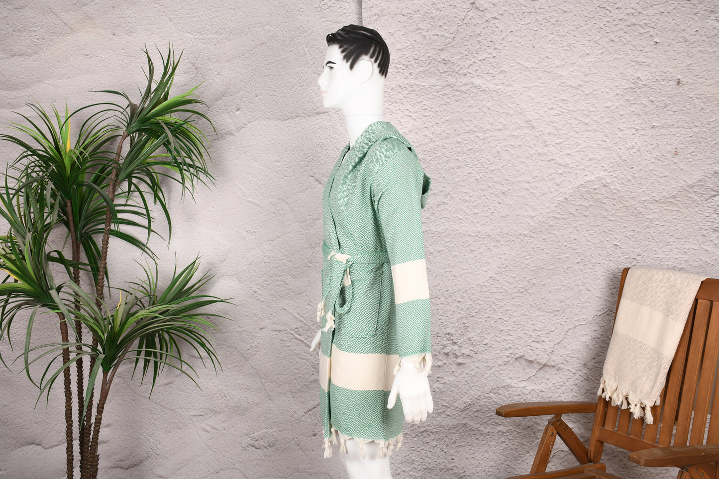 Mint Green Diamond Hooded Turkish Towel Robe for Men