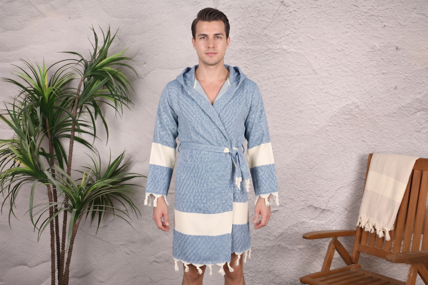 Royal Blue Diamond Hooded Turkish Towel Robe for Men