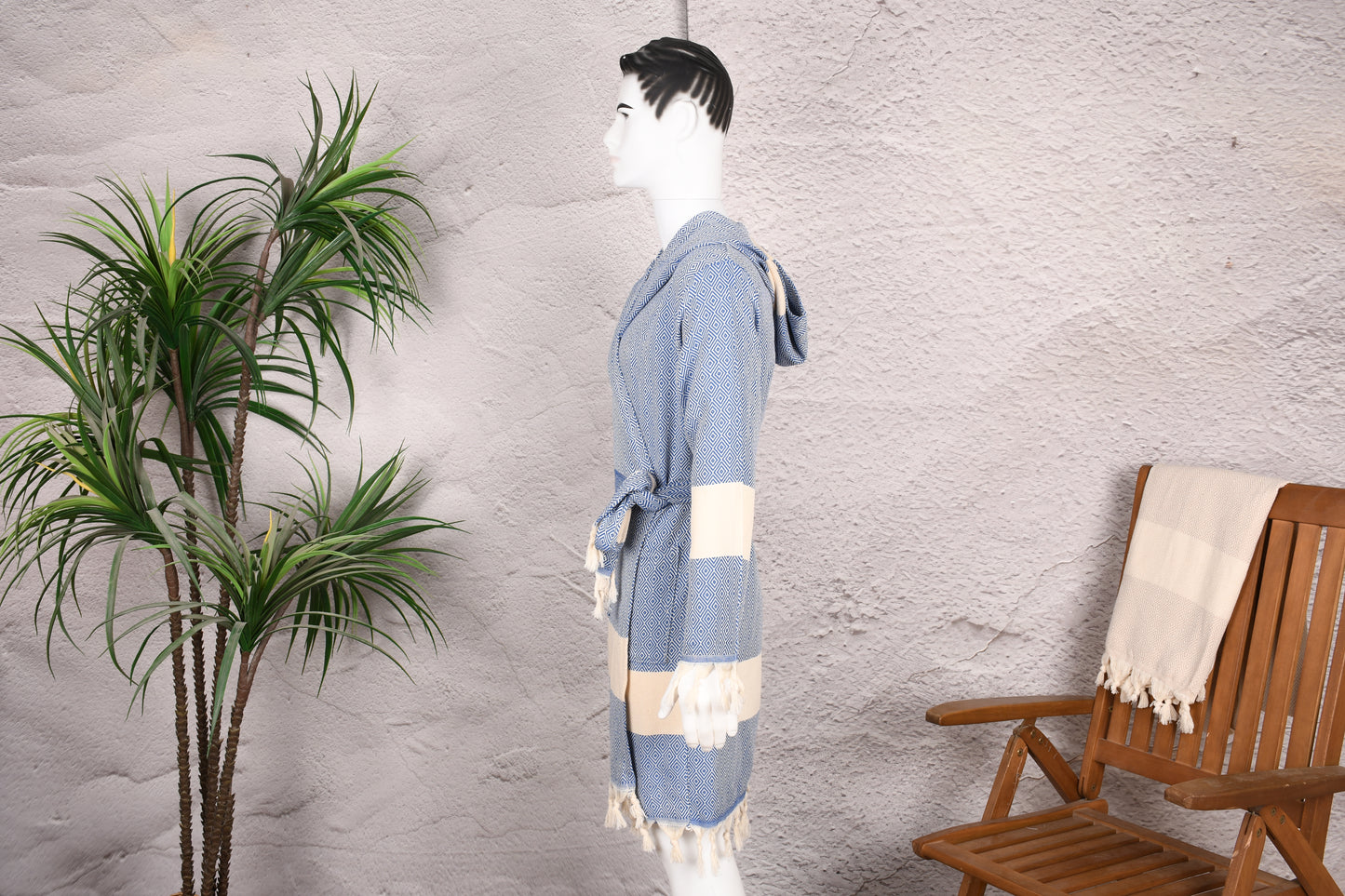 Royal Blue Diamond Hooded Turkish Towel Robe for Men
