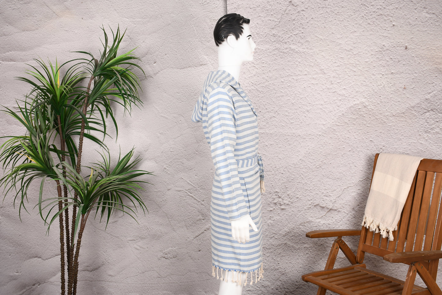 Blue Herringbone Stripe Hooded Turkish Towel Robe for Men