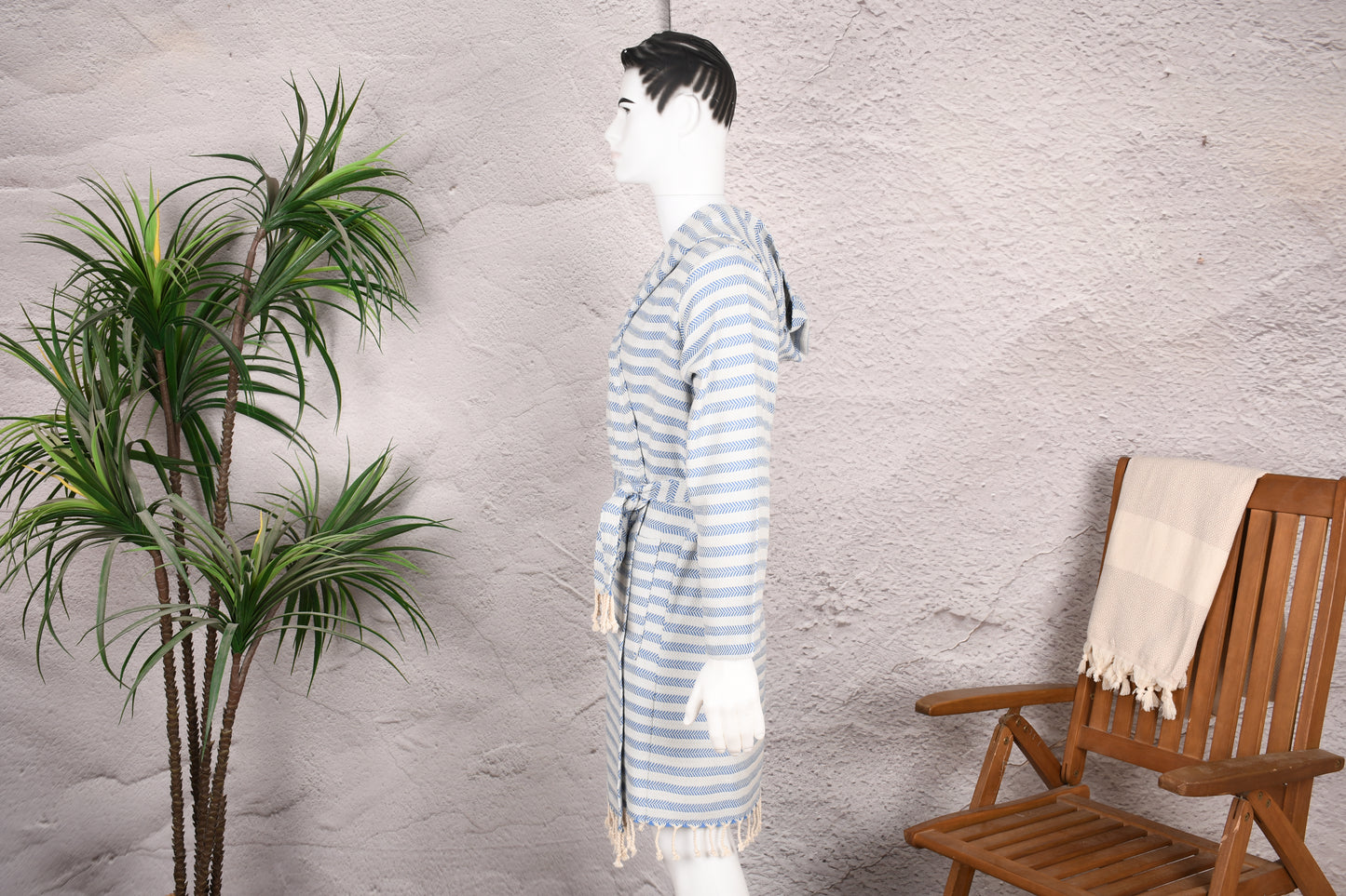 Blue Herringbone Stripe Hooded Turkish Towel Robe for Men