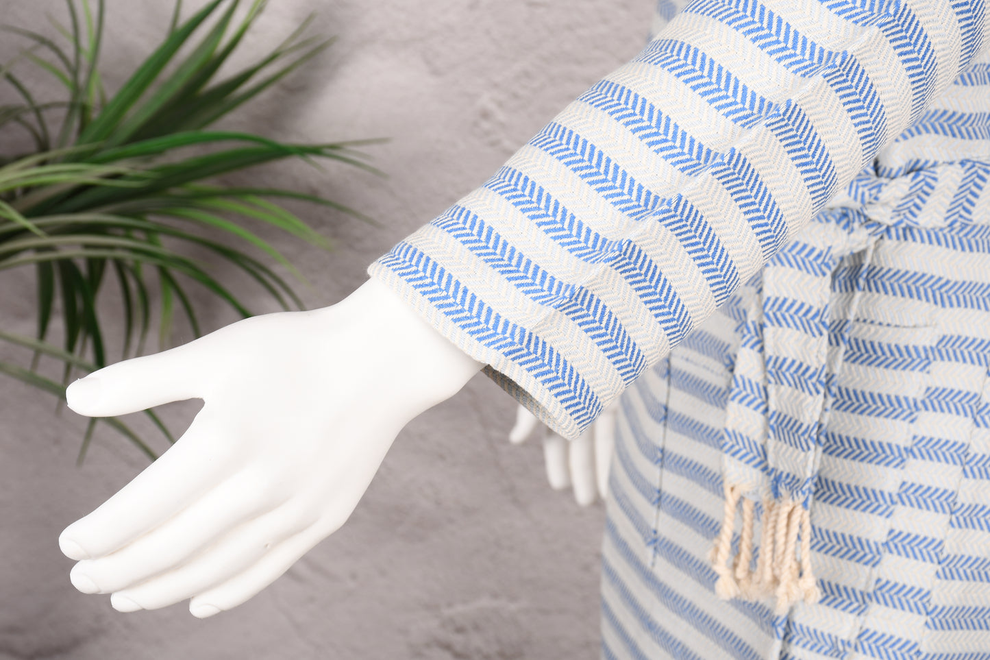 Blue Herringbone Stripe Hooded Turkish Towel Robe for Men