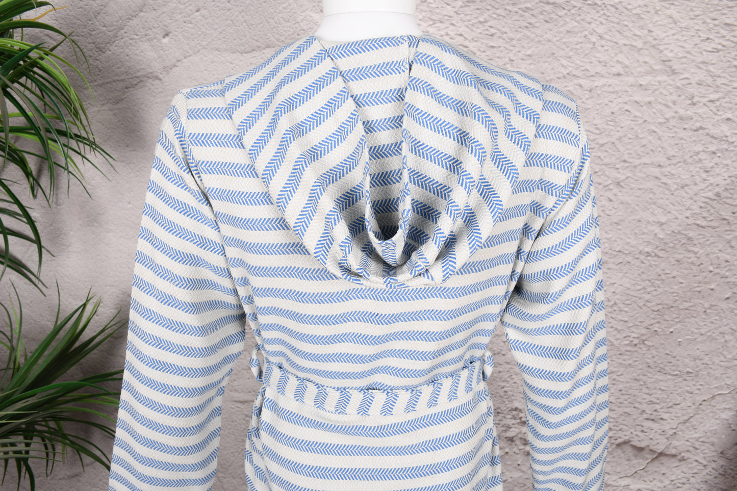 Blue Herringbone Stripe Hooded Turkish Towel Robe for Men
