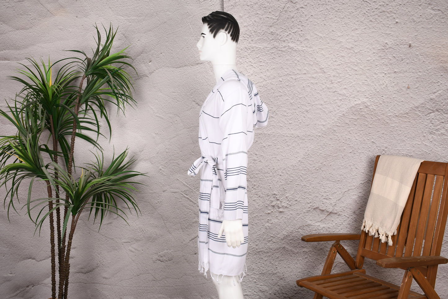 White Navy Stripe Hooded Turkish Towel Robe for Men