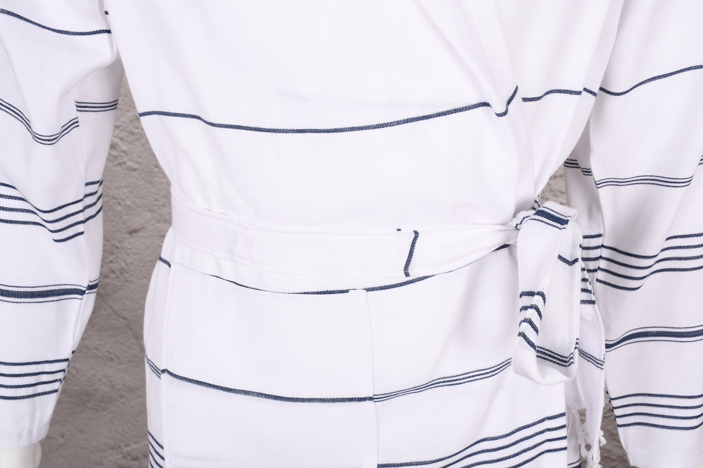 White Navy Stripe Hooded Turkish Towel Robe for Men