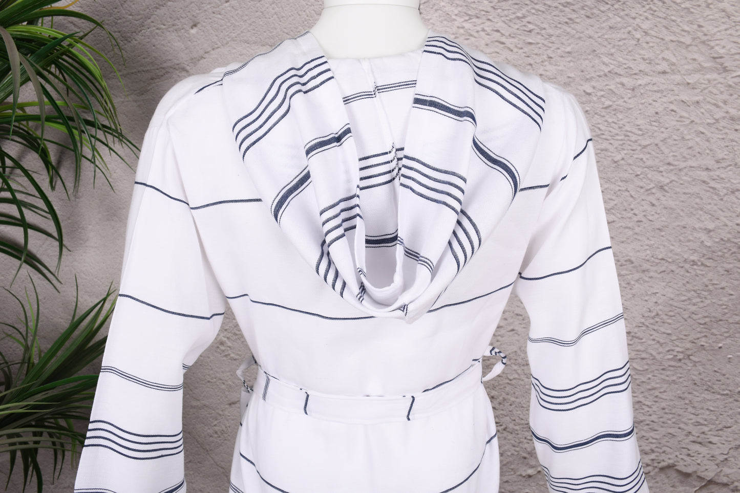 White Navy Stripe Hooded Turkish Towel Robe for Men