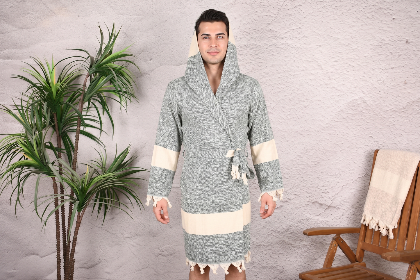 Sage Gray Diamond Hooded Turkish Towel Robe for Men