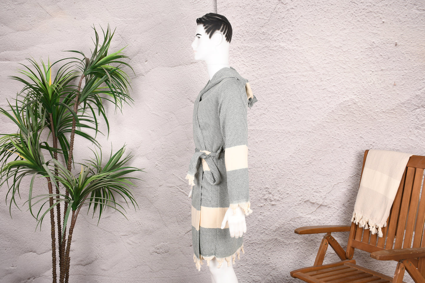 Sage Gray Diamond Hooded Turkish Towel Robe for Men