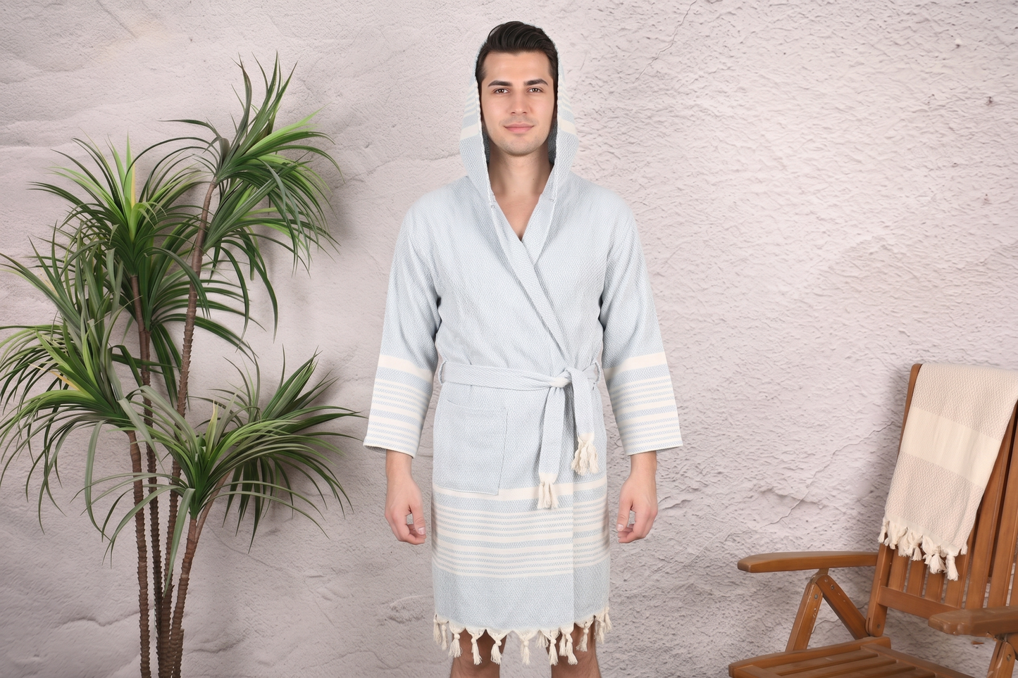 Pale Blue Herringbone Hooded Turkish Towel Robe for Men