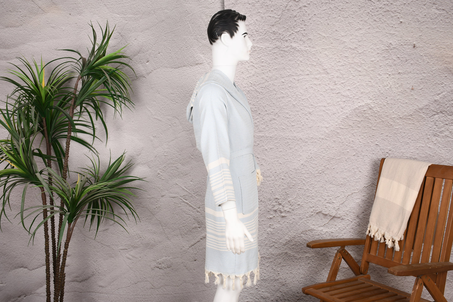 Pale Blue Herringbone Hooded Turkish Towel Robe for Men