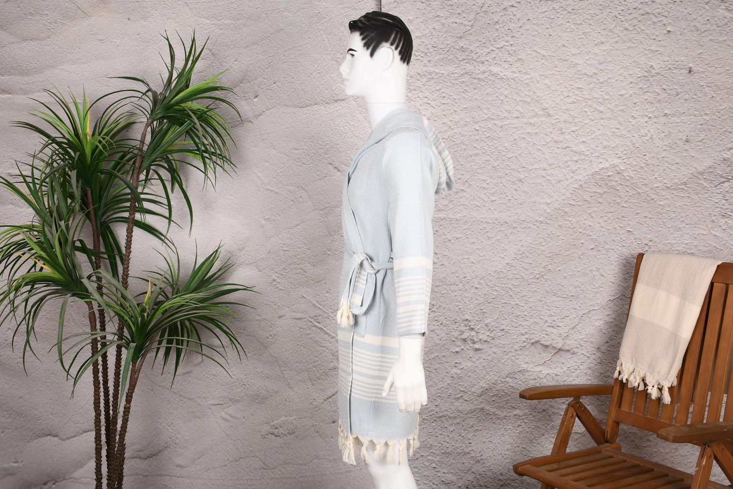 Pale Blue Herringbone Hooded Turkish Towel Robe for Men