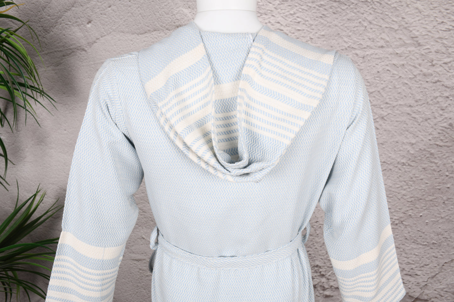 Pale Blue Herringbone Hooded Turkish Towel Robe for Men
