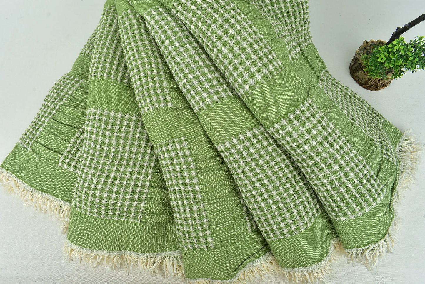 Large Turkish Cotton Towel, Khaki Green Blanket, Waffle Throw, 79x83 Inches
