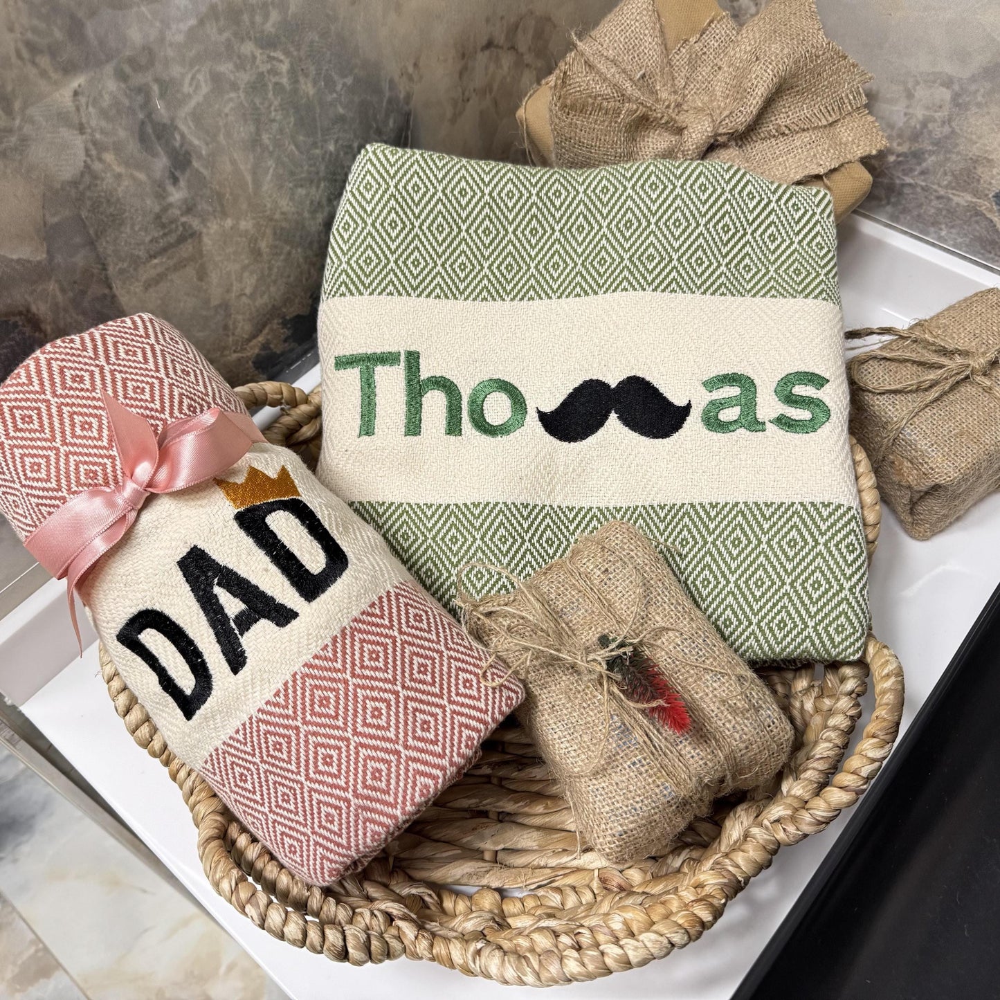 Personalized Dad Gift Set: Turkish Cotton Towel with Custom Embroidery