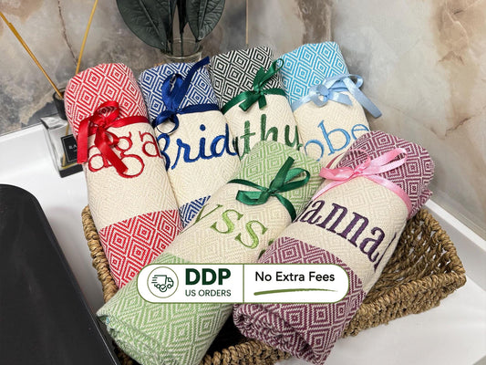 Personalized Turkish Cotton Towel: Custom Embroidered Beach or Bath Gift
