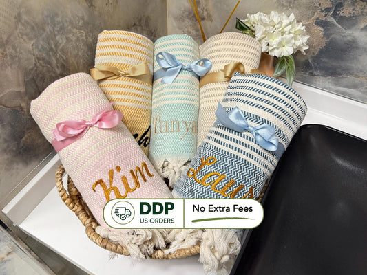 Personalized Turkish Beach Towel, Embroidered Organic Cotton Peshtemal
