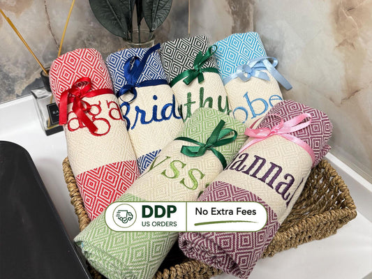 Personalized Turkish Cotton Towel: Custom Embroidered Beach or Bath Gift