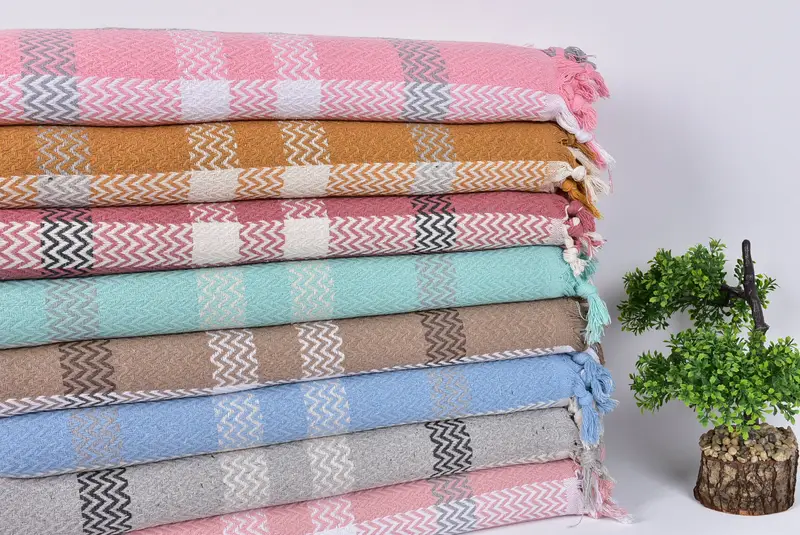 Turkish Throw Blanket Striped Bedspread Beige, 79x91 Inches