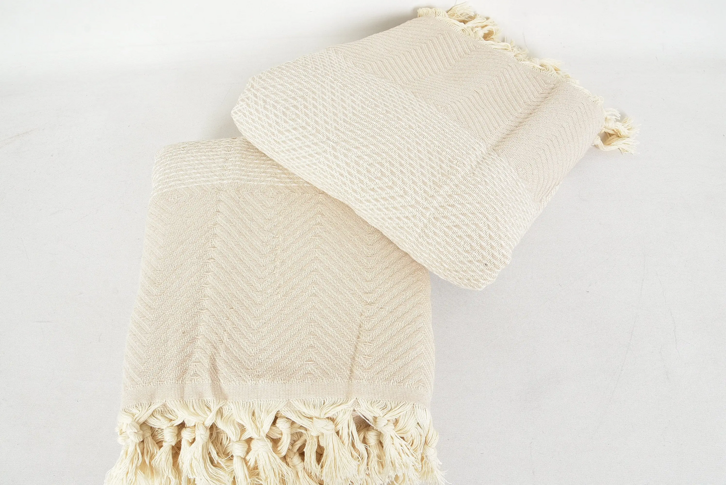 Beige Diamond Design Turkish Blanket, 78x94 Inches, Cotton, Coastal