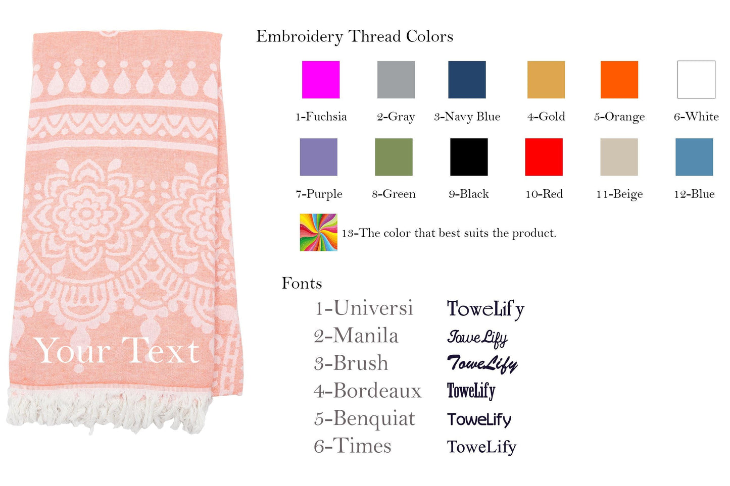 Floral Turkish Towel: 100% Cotton Peshtemal, Custom Embroidery Available